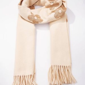 Ullsjal med blommönster: Beige - 30% Ull