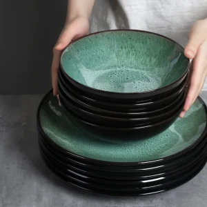 6-pack Keramik Middagstallrikar – Grön Djup Tallrik med Reactive Glaze, Ø26 cm – Pastatallrik & Servis
