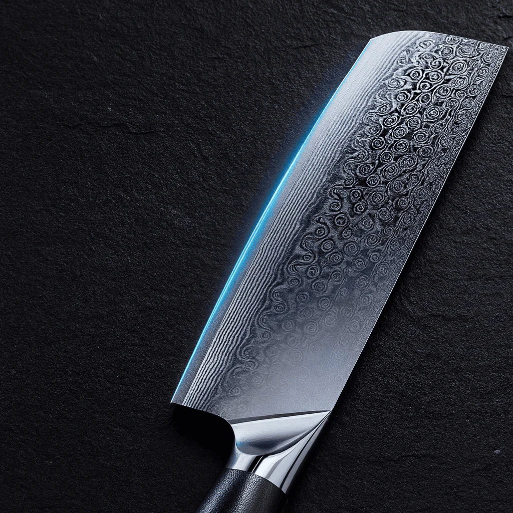 7-tums Kockkniv i Damaskusstål VG10 – Professionell Handgjord Kökskniv med Svart Trähandtag & Presentask - Bild 4