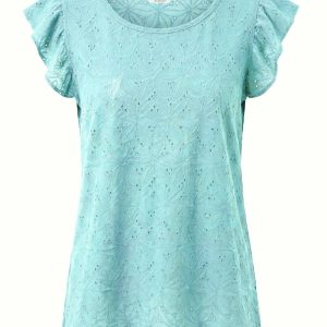 T-shirt med volangärmar i reliefstickad jacquard: Bordeaux Aqua