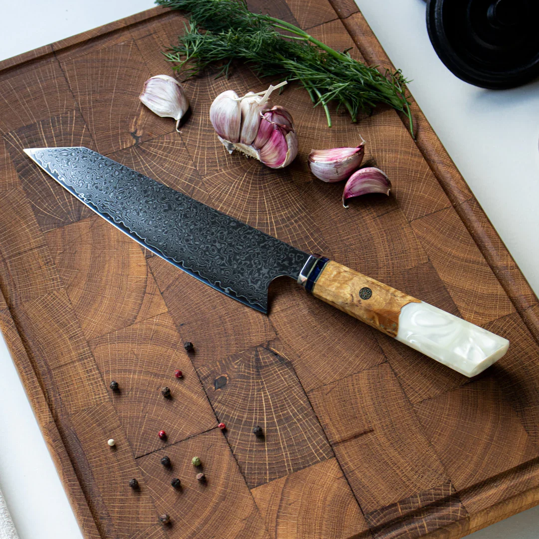 Japansk Kökskniv i Damaskusstål – Professionell Handgjord Kockkniv med Blått Handtag, 8 Tum - Bild 5