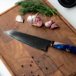 Japansk Kökskniv i Damaskusstål – Professionell Handgjord Kockkniv med Blått Handtag, 8 Tum