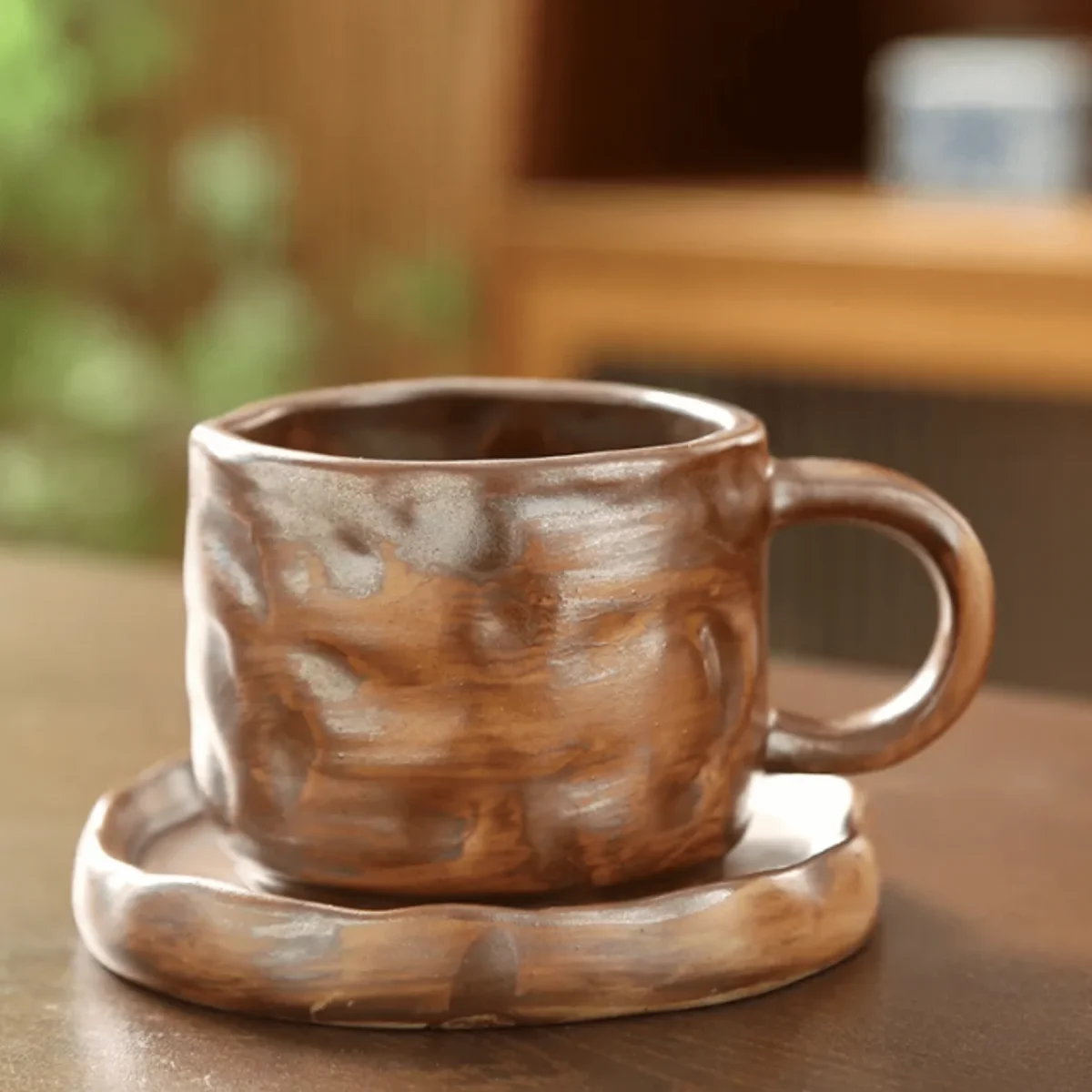 Kaffekopp med fat i keramik – Handgjord retro stengodskopp 270 ml - Bild 7