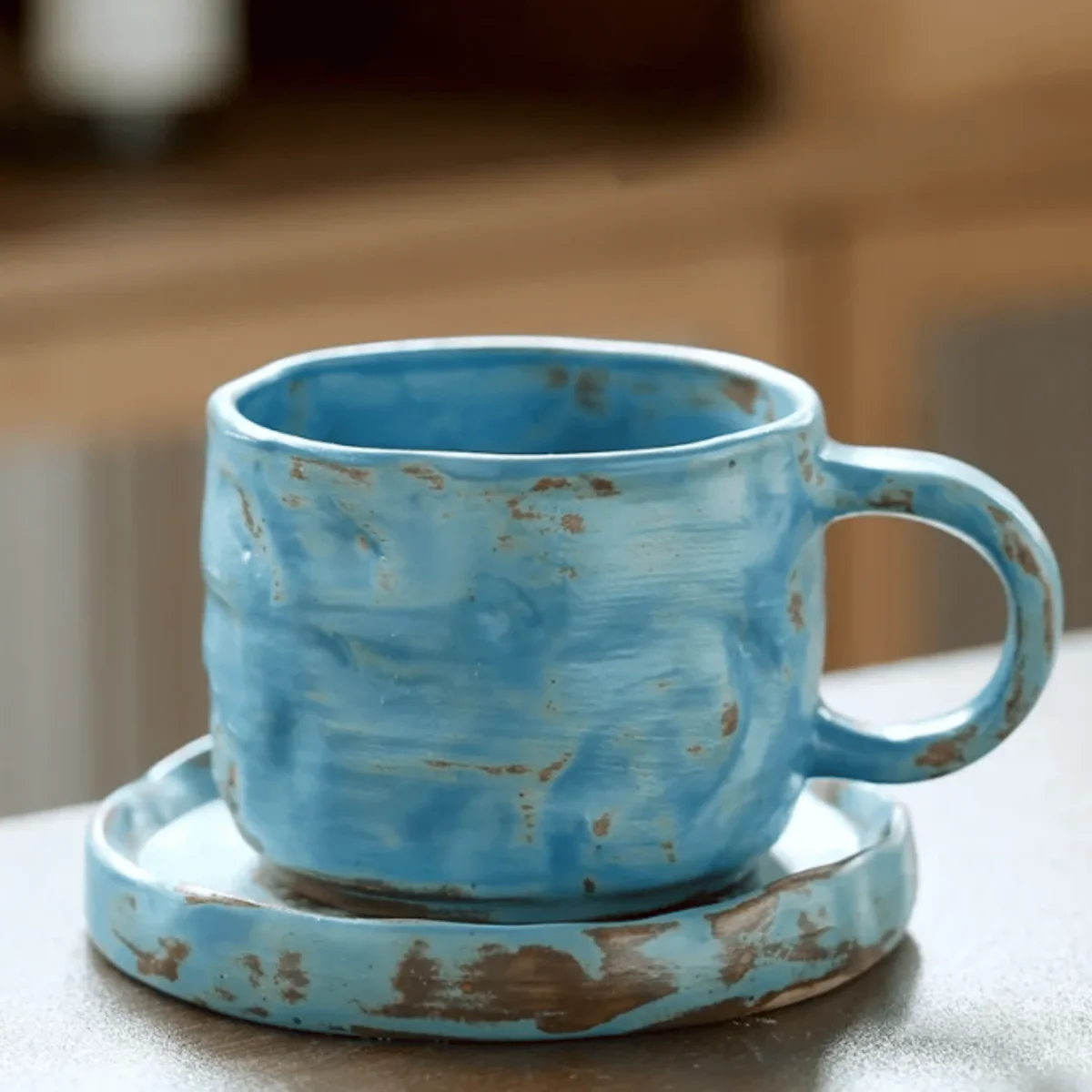 Kaffekopp med fat i keramik – Handgjord retro stengodskopp 270 ml