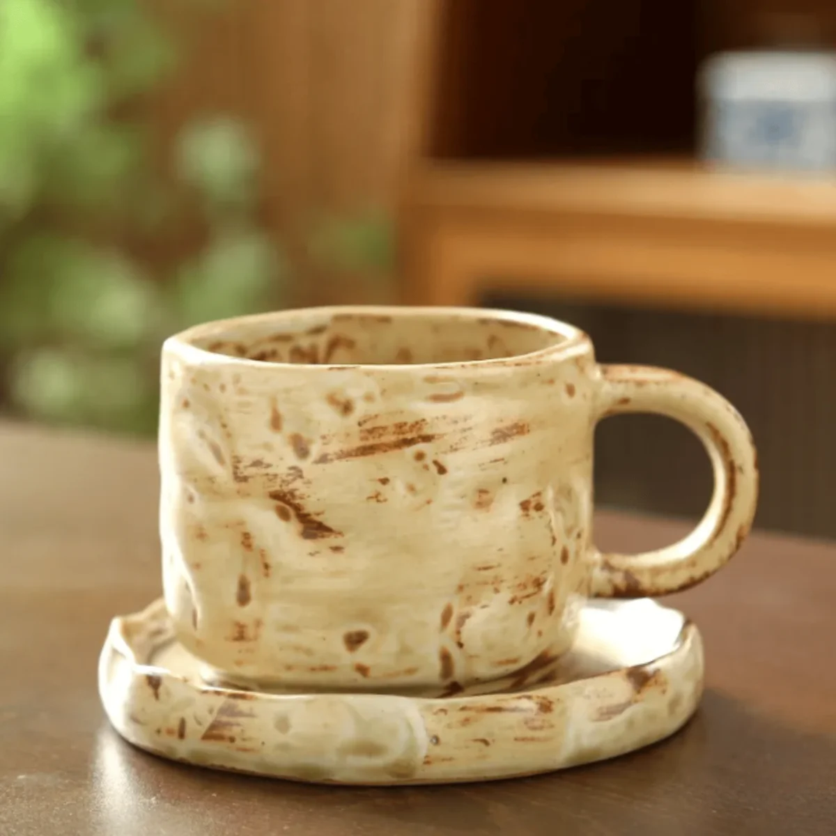 Kaffekopp med fat i keramik – Handgjord retro stengodskopp 270 ml - Bild 9