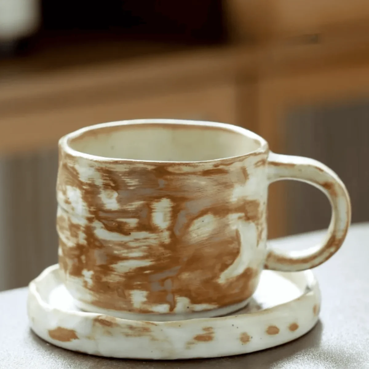 Kaffekopp med fat i keramik – Handgjord retro stengodskopp 270 ml - Bild 6