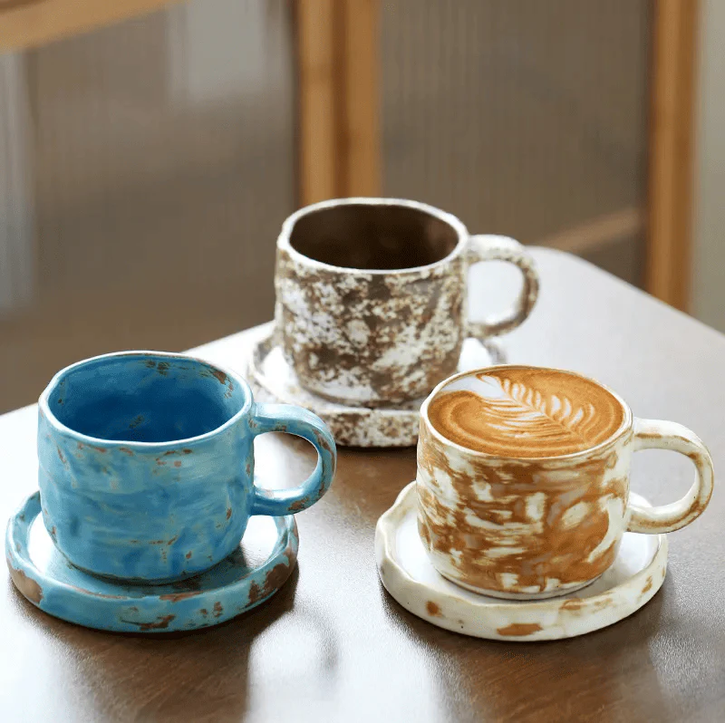 Kaffekopp med fat i keramik – Handgjord retro stengodskopp 270 ml - Bild 3