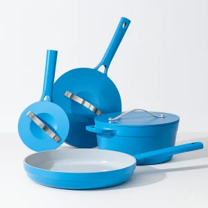 Keramiska Non Stick Grytset – 3 Delar Blå | Induktionsvänliga Grytor & Stekpannor med Lock"