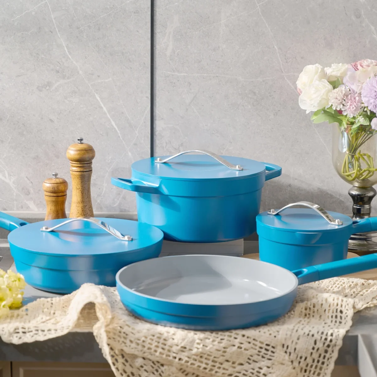 Keramiska Non Stick Grytset – 3 Delar Blå | Induktionsvänliga Grytor & Stekpannor med Lock" - Bild 8