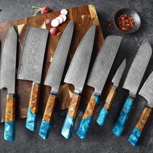 Knivset 9-delar i Rostfritt Damaskusstål – Professionella Köksknivar med Ergonomiskt Handtag för Hem & Restaurang