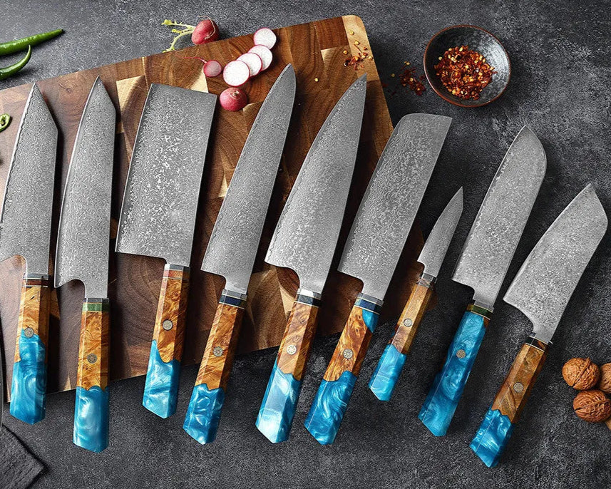 Knivset 9-delar i Rostfritt Damaskusstål – Professionella Köksknivar med Ergonomiskt Handtag för Hem & Restaurang