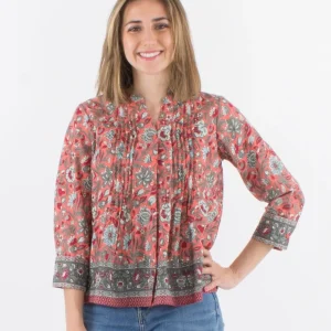 Långärmad Blus med Knäppning – Bohemisk Blommig Stil