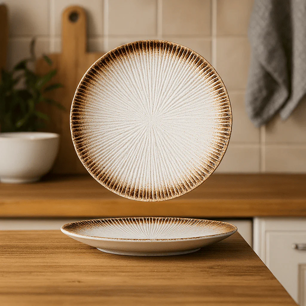 Randig porslin tallrik – 25 cm – Rund form – Färgad glasyr – Elegant dukning och servering - Bild 9