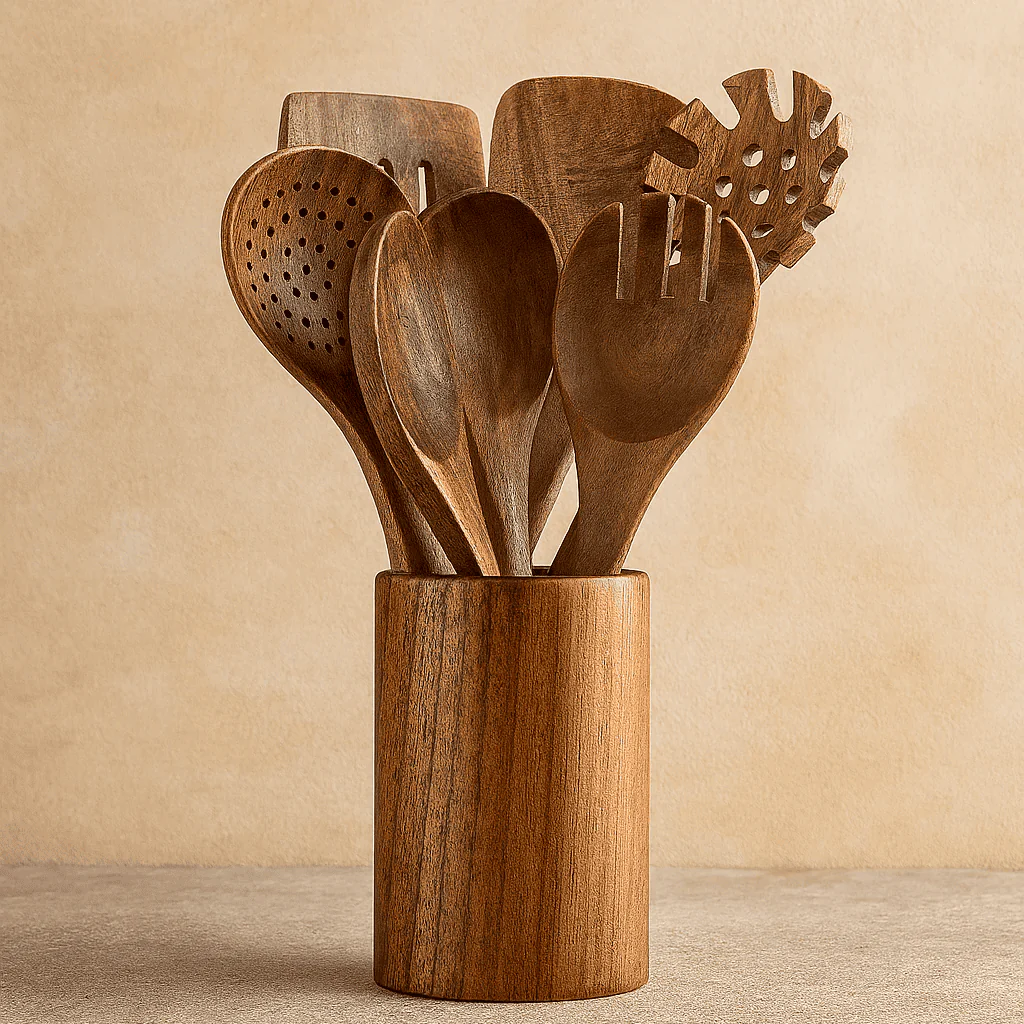 Trä köksredskap set i hållbart akaciaträ – miljövänligt & stilrent för matlagning - Bild 2