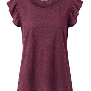 T-shirt med volangärmar i reliefstickad jacquard: Bordeaux / L