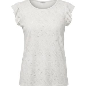 T-shirt med volangärmar i reliefstickad jacquard: Vanilj