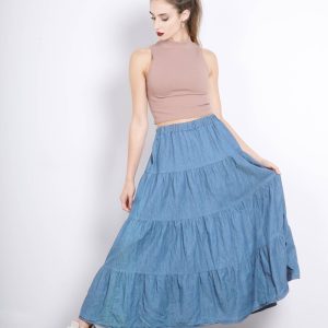 Ankellång kjol i denim med elastisk midja: ljusblå