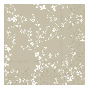 Pappersservetter - Beige - Med Blommor - 3-lags, 33x33cm